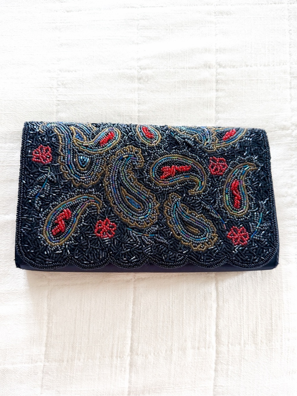 Vintage Walborg Beaded Clutch Black Red Paisley Floral Evening Bag
